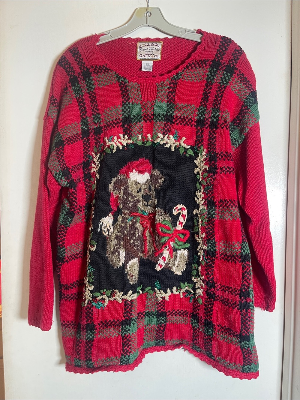 Red Plaid Teddy Bear Christmas Sweater - Men's Holiday Pullover